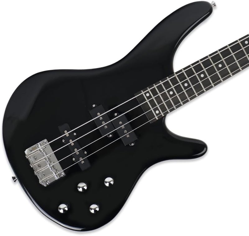 demusea electric bass guitar full size standard 4strings glossy black 34inch scale length 24frets maple neck phoenix body fixed bridge 2V 2T control for beginner starter practice show (BK-YIB30) - Image 1